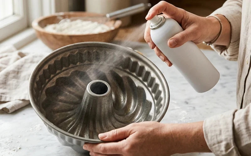Gugelhupfform wird mit Ölspray eingefettet
