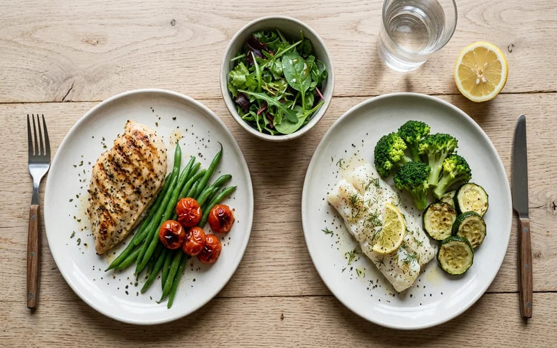 Zwei Teller mit Hähnchenbrust und grünen Bohnen sowie weißem Fisch mit Brokkoli und Zucchini auf einem Holztisch