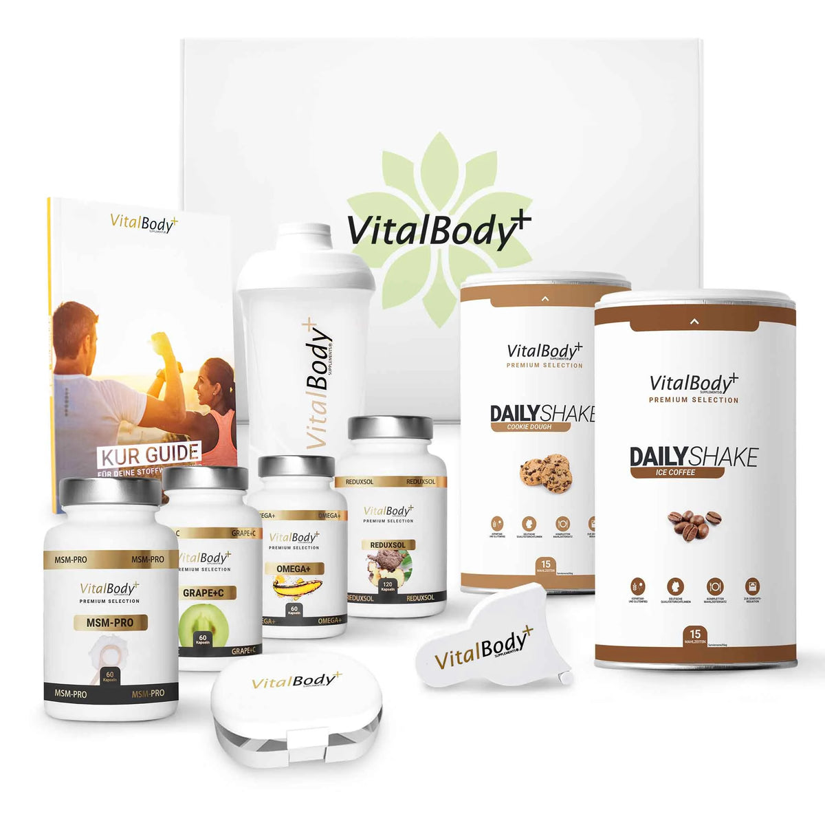 Inhalt der 30 Tage Stoffwechselkur: DailyShake, Reduxsol, Grape+C, MSM Pro, Omega+, Kur Guide, Shaker, Tablettenbox und Maßband