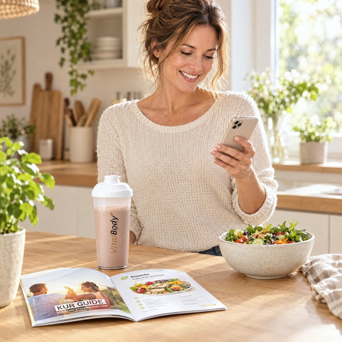 Frau in der Küche mit Kur Guide, Shaker und Salat liest eine Nachricht auf dem Handy