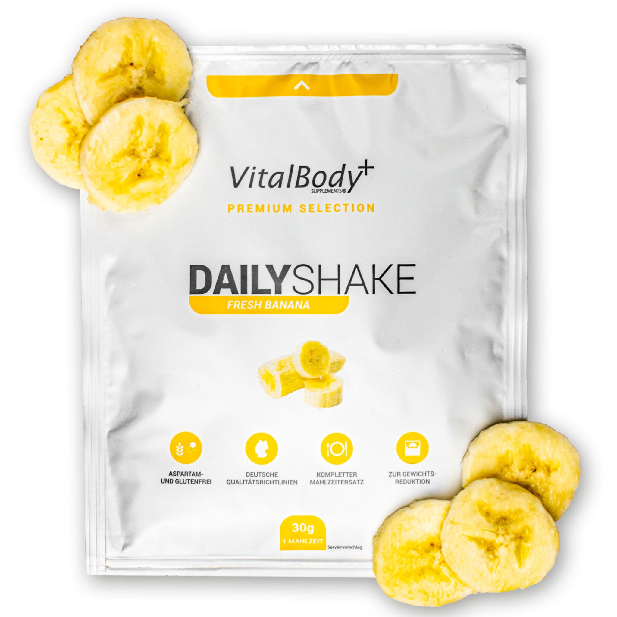 DailyShake To Go Pack Fresh Banana mit Bananenscheiben belegt auf weißem Hintergrund