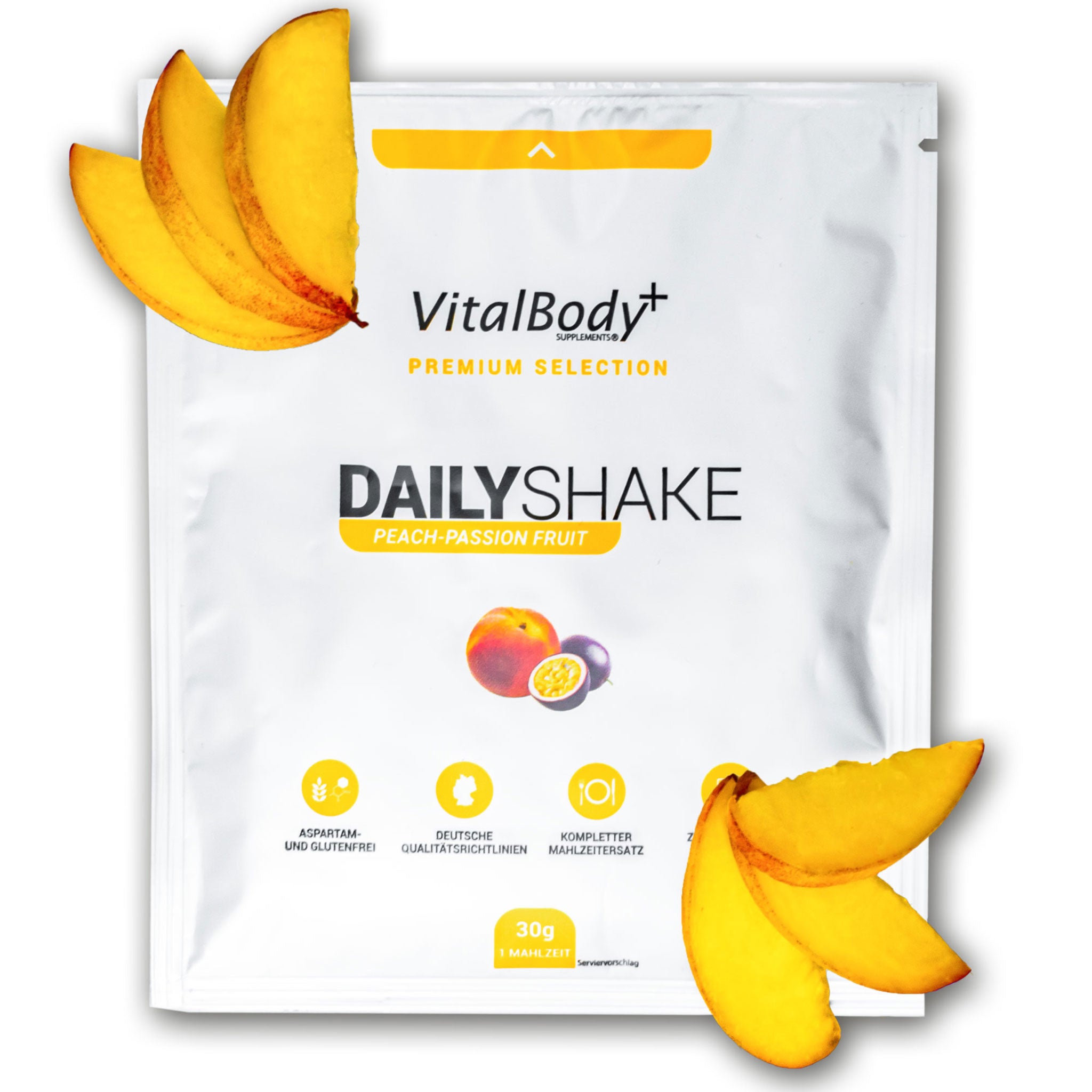 DailyShake To Go Pack Peach-Passion Fruit Chocolate mit Pfirischscheiben belegt auf weißem Hintergrund