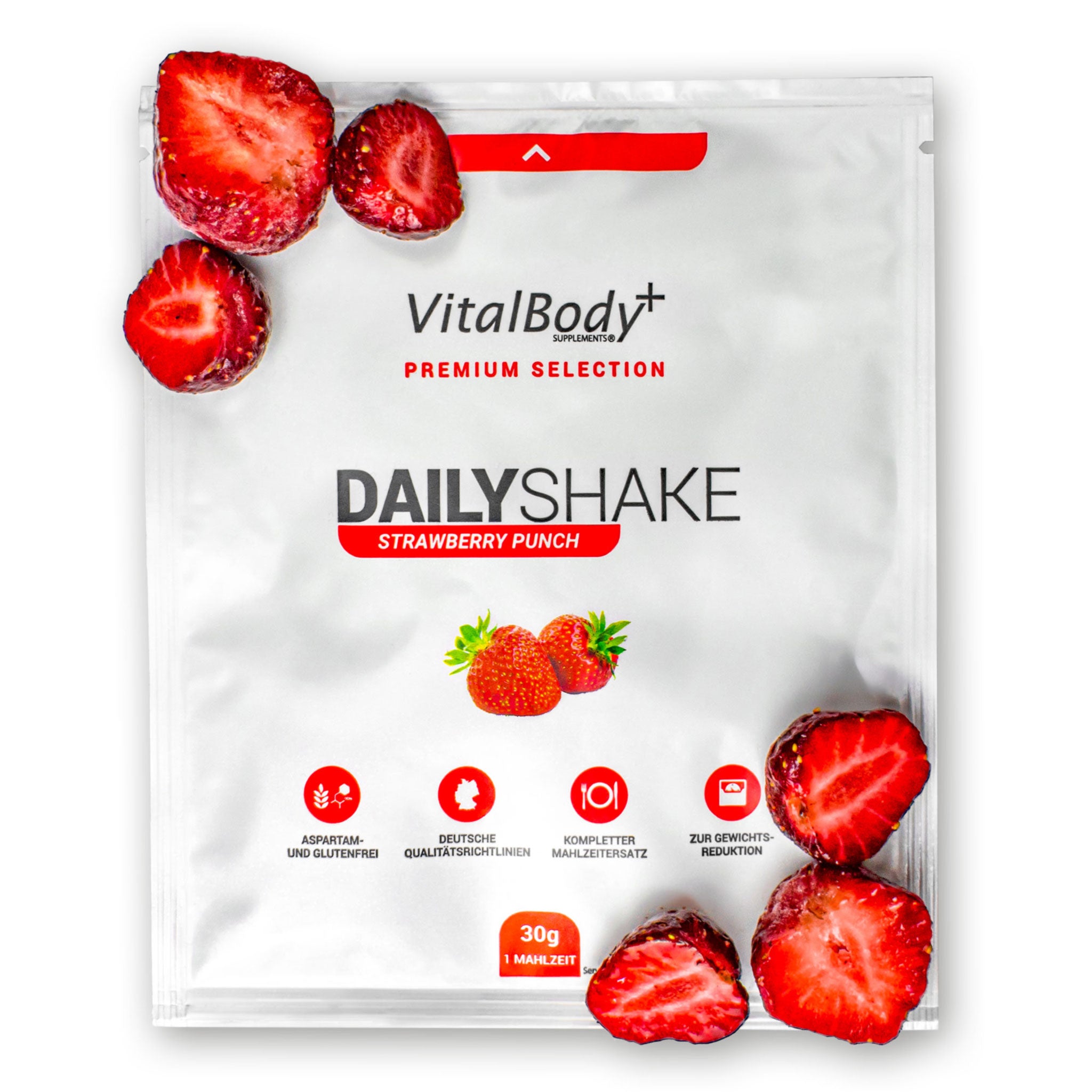 DailyShake To Go Pack Strawberry Punch mit Erdbeeren belegt auf weißem Hintergrund