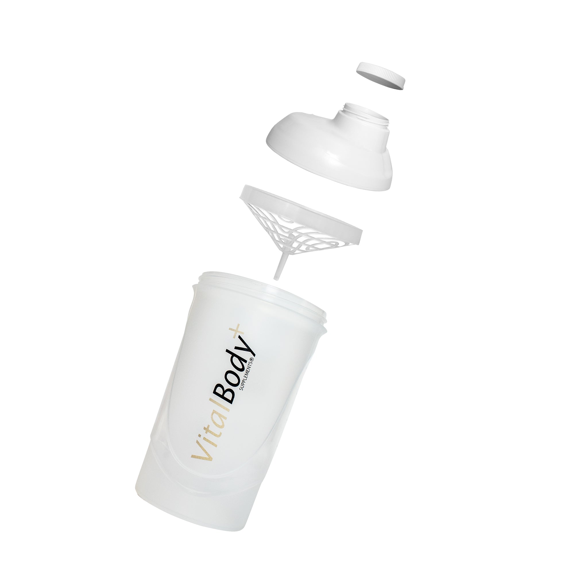 VitalBodyPLUS Shaker von VitalBodyPLUS geöffnet mit Sieb und Deckel weißer Hintergrund