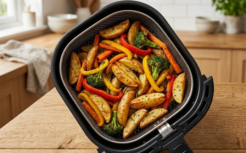 Airfryer-Korb mit goldbraunem Gemüse und Kartoffelspalten