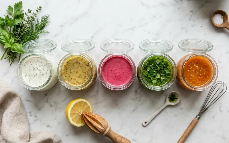 Verschiedene selbst gemachte Salatdressings in Gläsern