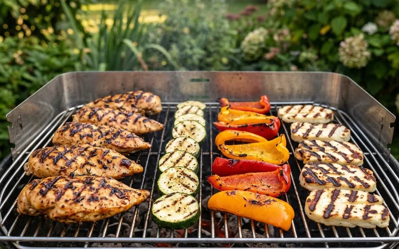 Grillrost mit Fleisch, Gemüse und Halloumi