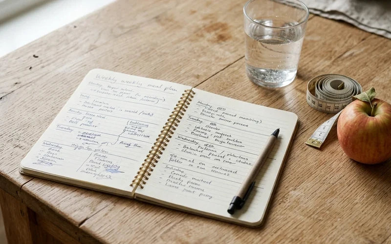 Notizbuch mit Wochenplan, Glas Wasser und Maßband