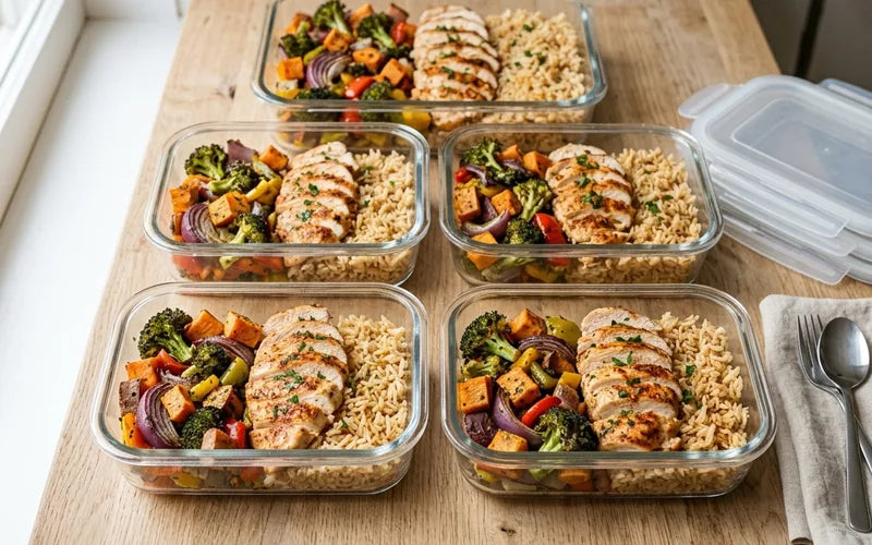 Meal-Prep-Boxen mit Ofengemüse und Hähnchenbrust