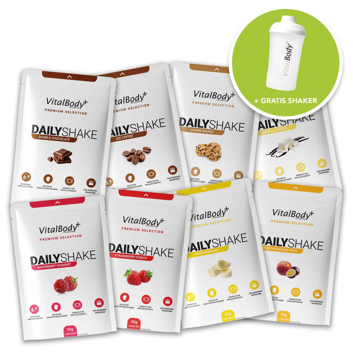 DailyShake Probierpaket: acht Portionsbeutel in allen Sorten und Premium Shaker