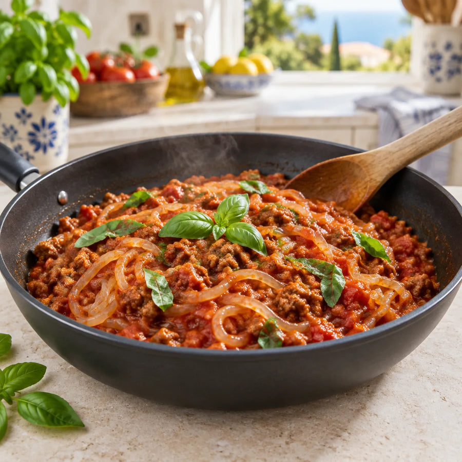 Konjak Nudeln mit Tomatensoße und Basilikum in der Pfanne