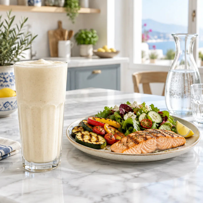 Shake im Glas neben einem Teller mit Gemüse, Salat und Lachs