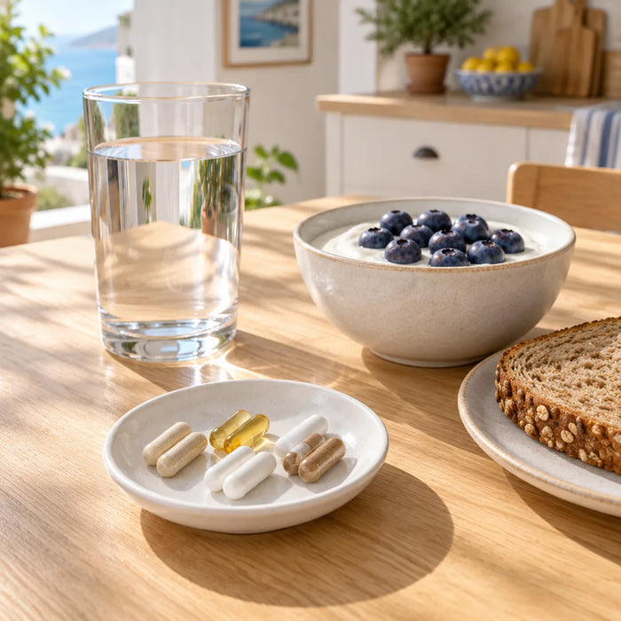 Kapseln auf einem Teller neben Wasserglas, Joghurt mit Heidelbeeren und Brot