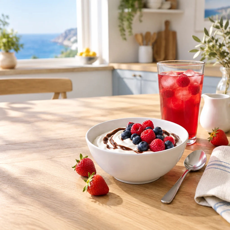 Quark mit Früchten und ein Glas Fruchtgetränk auf einem hellen Küchentisch