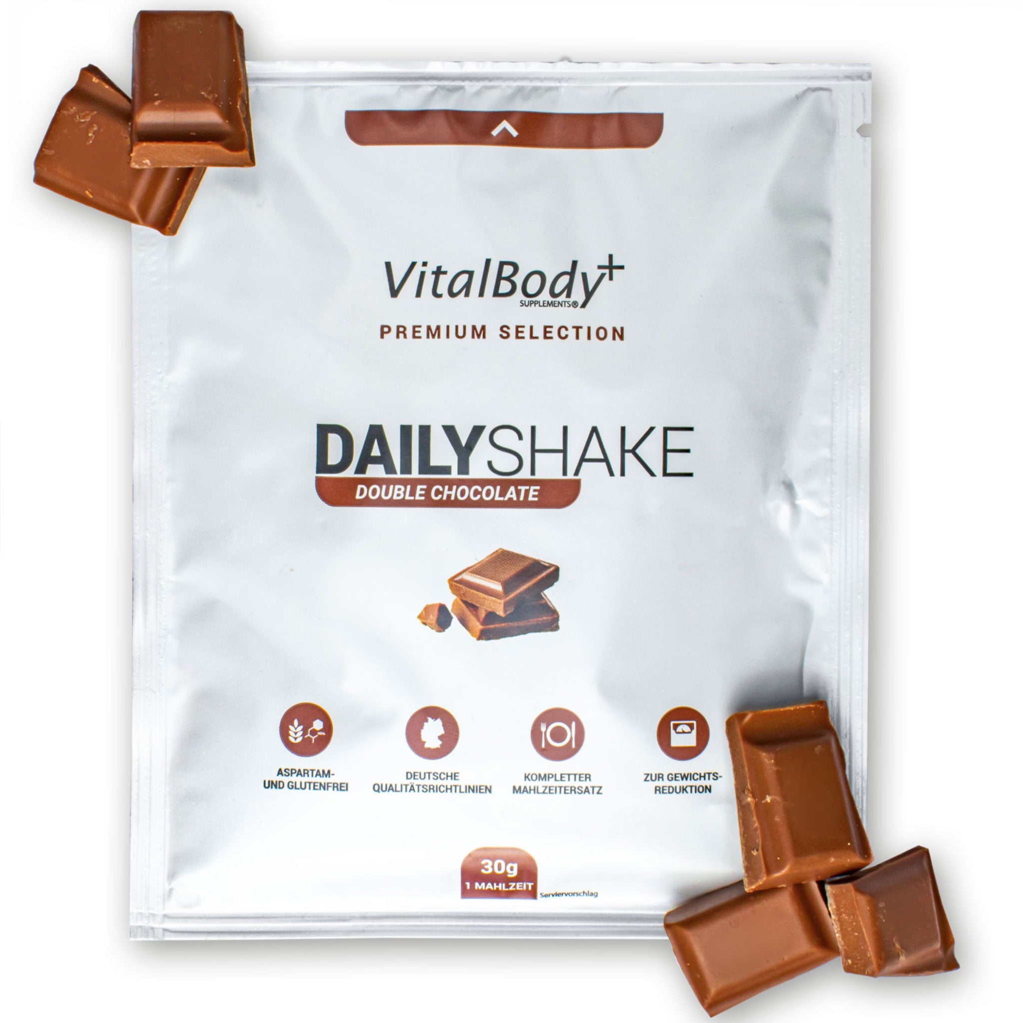 DailyShake To Go Pack Double Chocolate mit Schokostückchen belegt auf weißem Hintergrund