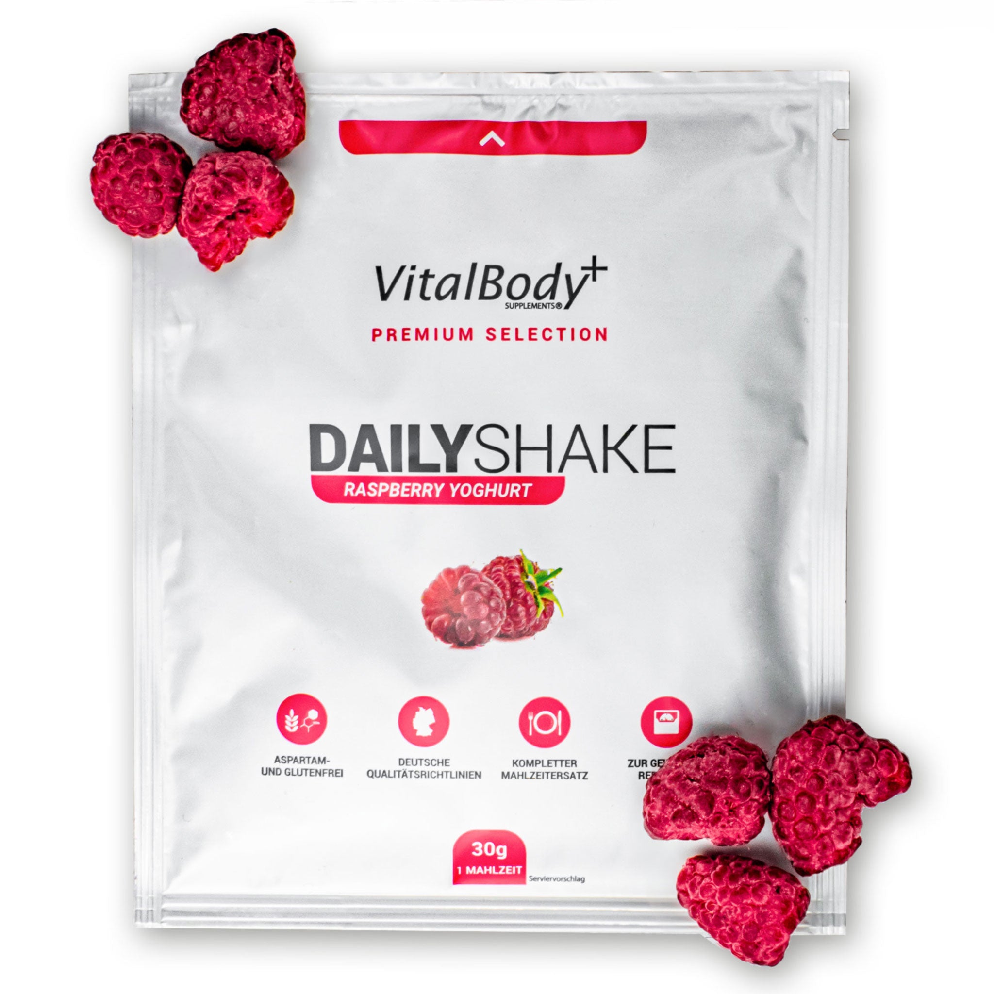 DailyShake To Go Pack Raspberry Yoghurt mit Himbeeren belegt auf weißem Hintergrund