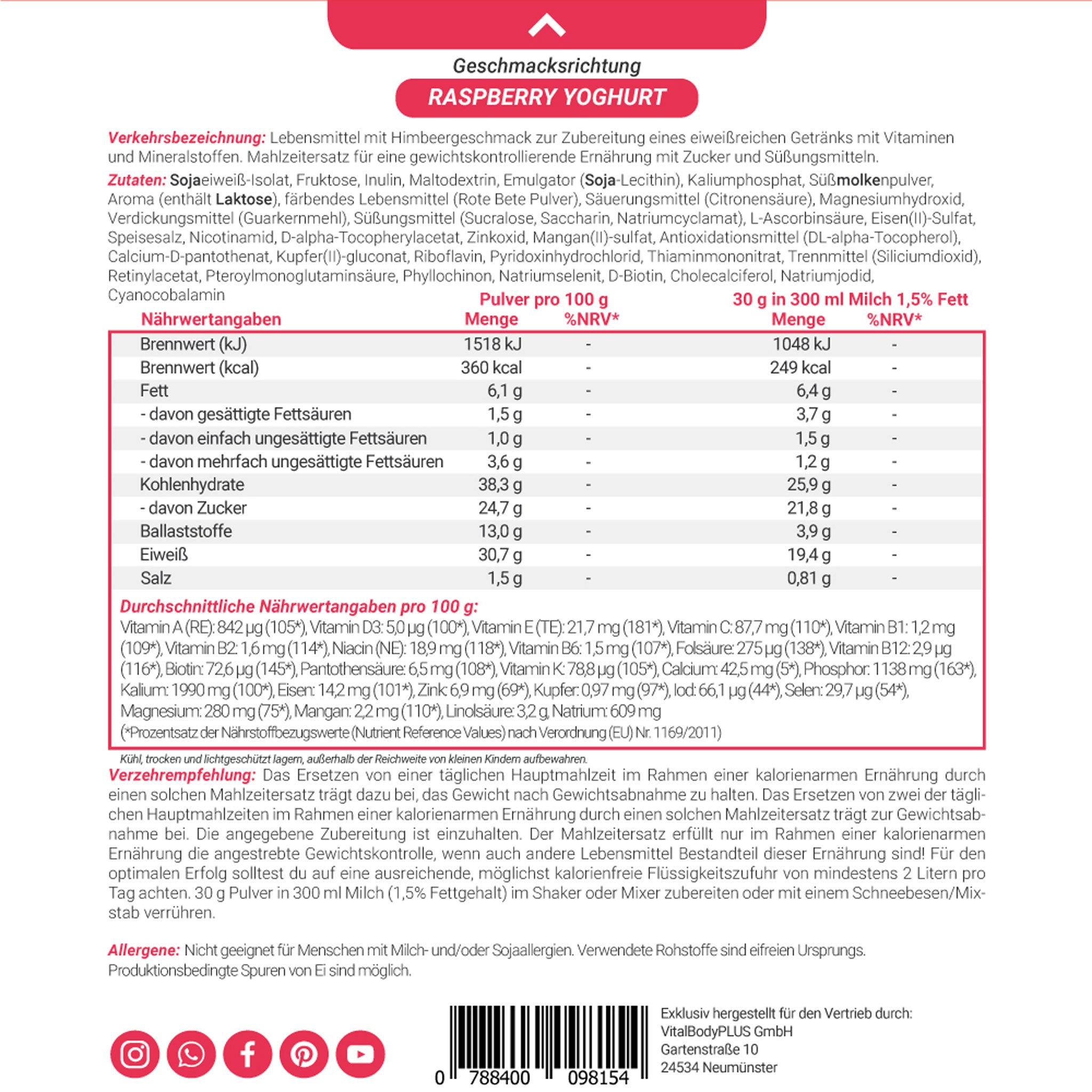 Produktetikette vom DailyShake To Go Pack Raspberry Yoghurt