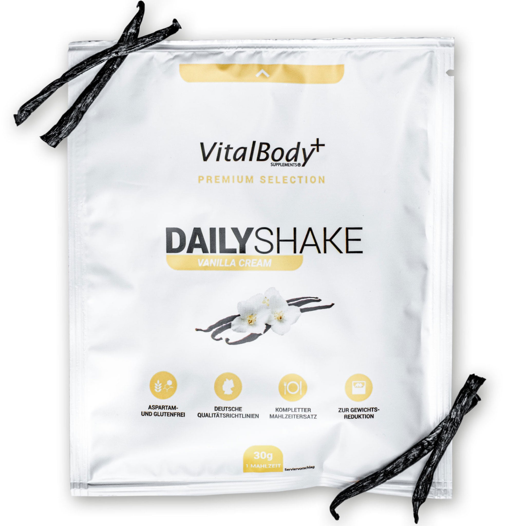 DailyShake To Go Pack Vailla Cream mit Vanilleschoten belegt auf weißem Hintergrund