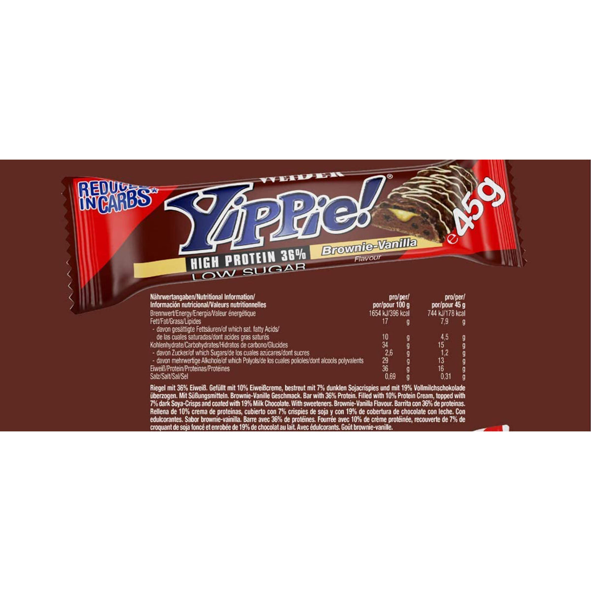 Weider Yippie Riegel Brownie-Vanilla Produktetikette