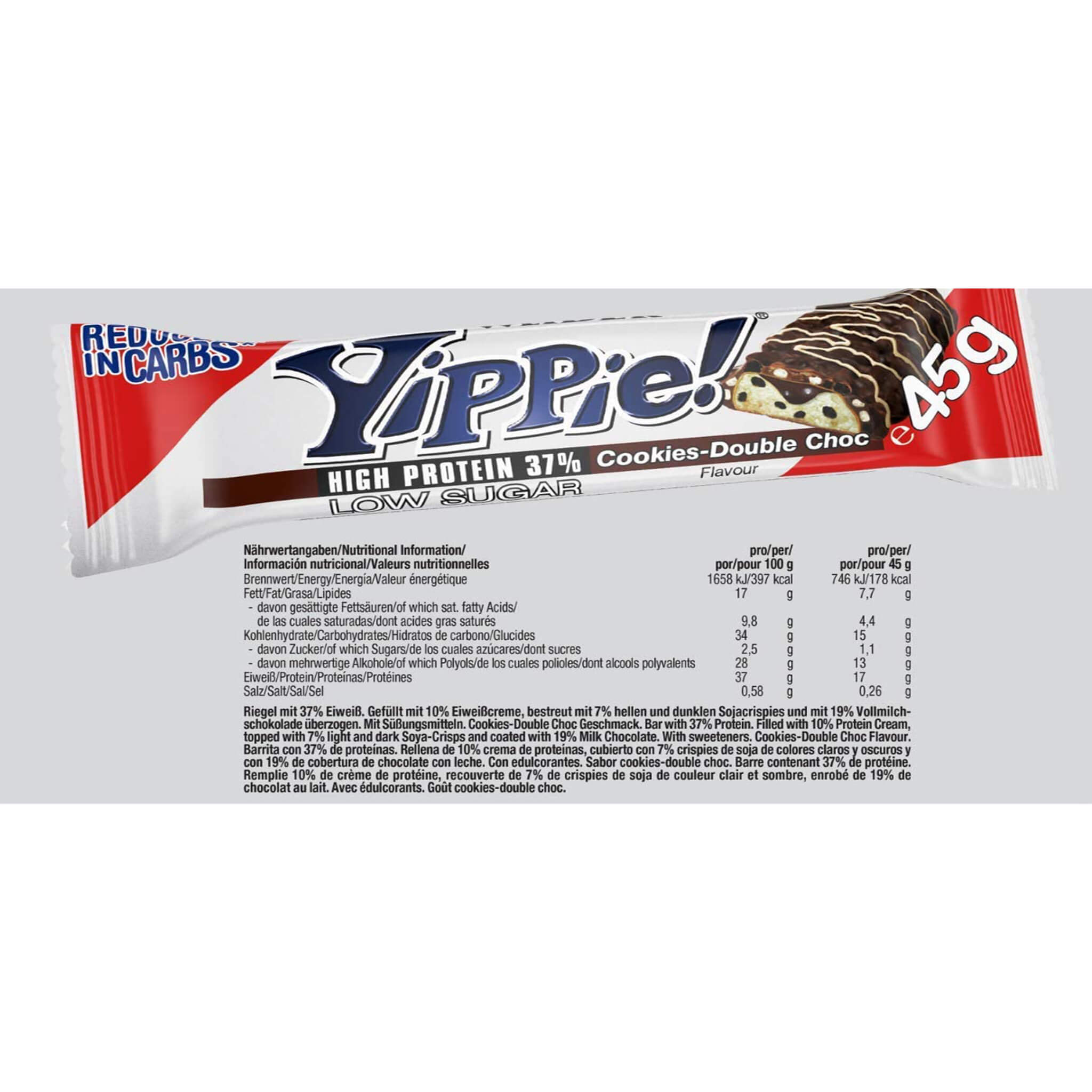 Weider Yippie Riegel Cookies-Double Choc Produktetikette